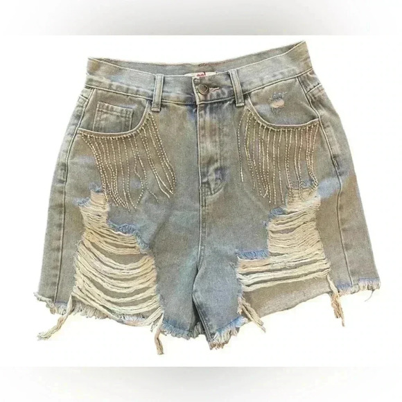 NWT Buddy Love ELVIS CRYSTAL FRINGE DENIM SHORTS - LIGHT WASH Size Small - Picture 2 of 13